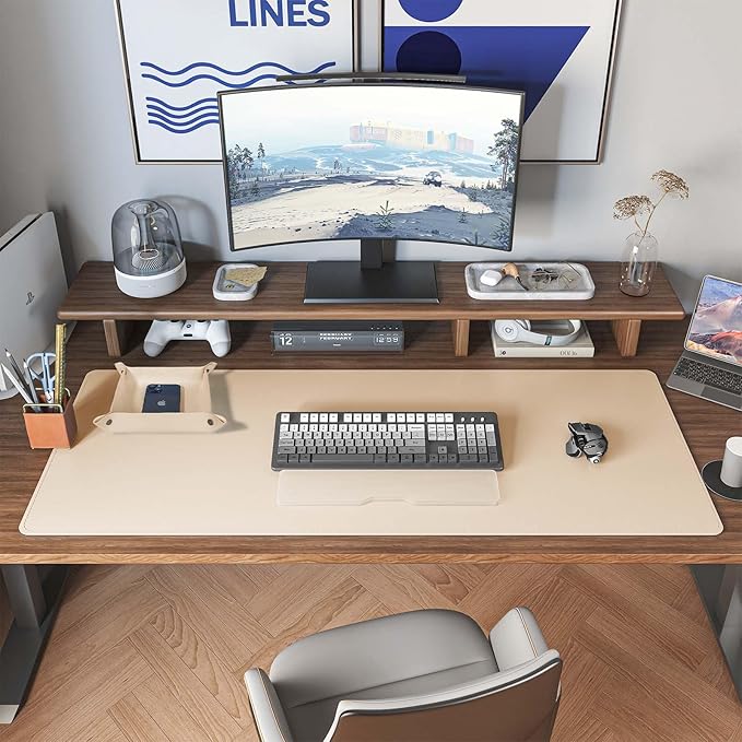 DAWNTREES Dual Sided Desk Mat,Leather Desk Pad,40"x16",Cork Desk Mat Protector,with PU Leather Valet Tray Organizer,Large Mouse Pad,Desk Writing Pad for Office and Home(Khaki) | Desk Pads Blotters - TrueDesk