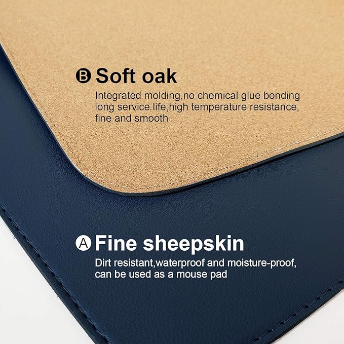 DAWNTREES Dual Sided Desk Mat,Leather Desk Pad,40"x16",Cork Desk Mat Protector,with PU Leather Valet Tray Organizer,Large Mouse Pad,Desk Writing Pad for Office and Home(Dark Blue) | Desk Pads Blotters - TrueDesk