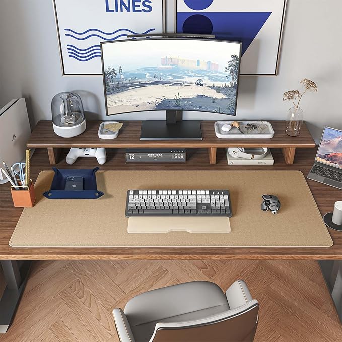 DAWNTREES Dual Sided Desk Mat,Leather Desk Pad,40"x16",Cork Desk Mat Protector,with PU Leather Valet Tray Organizer,Large Mouse Pad,Desk Writing Pad for Office and Home(Dark Blue) | Desk Pads Blotters - TrueDesk