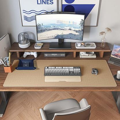 DAWNTREES Dual Sided Desk Mat,Leather Desk Pad,40"x16",Cork Desk Mat Protector,with PU Leather Valet Tray Organizer,Large Mouse Pad,Desk Writing Pad for Office and Home(Dark Blue) | Desk Pads Blotters - TrueDesk