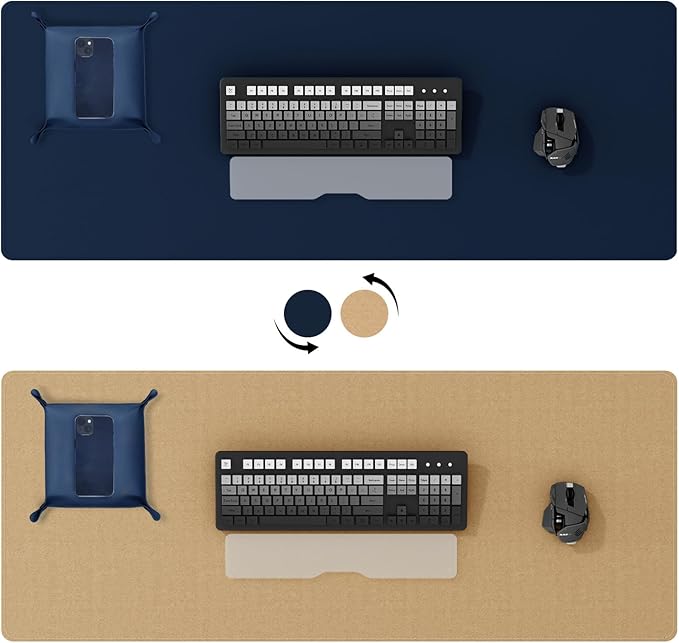 DAWNTREES Dual Sided Desk Mat,Leather Desk Pad,40"x16",Cork Desk Mat Protector,with PU Leather Valet Tray Organizer,Large Mouse Pad,Desk Writing Pad for Office and Home(Dark Blue) | Desk Pads Blotters - TrueDesk