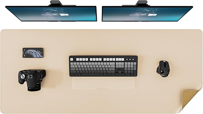 DAWNTREES Dual Sided Desk Mat,Leather Desk Pad,47.2''x15.8'',Cork Desk Mat Protector,with PU Leather Valet Tray Organizer,Large Mouse Pad,Desk Writing Pad for Office and Home(Khaki) | Desk Pads Blotters - TrueDesk
