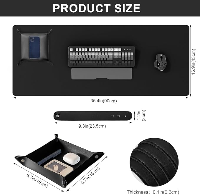 DAWNTREES Dual Sided Desk Mat,Leather Desk Pad,Black 35.5"x17",Cork Desk Mat Protector,with PU Leather Valet Tray Organizer,Large Mouse Pad,Desk Writing Pad for Office and Home | Desk Pads Blotters - TrueDesk
