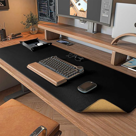 DAWNTREES Dual Sided Desk Mat,Leather Desk Pad,Black 35.5"x17",Cork Desk Mat Protector,with PU Leather Valet Tray Organizer,Large Mouse Pad,Desk Writing Pad for Office and Home | Desk Pads Blotters - TrueDesk