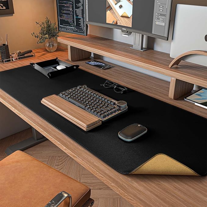 DAWNTREES Dual Sided Desk Mat,Leather Desk Pad,Black 40"x16",Cork Desk Mat Protector,with PU Leather Valet Tray Organizer,Large Mouse Pad,Desk Writing Pad for Office and Home | Desk Pads Blotters - TrueDesk