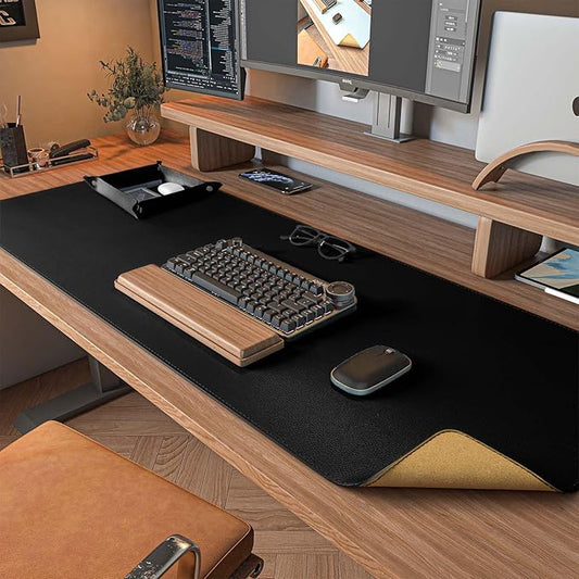 DAWNTREES Dual Sided Desk Mat,Leather Desk Pad,Black 40"x16",Cork Desk Mat Protector,with PU Leather Valet Tray Organizer,Large Mouse Pad,Desk Writing Pad for Office and Home | Desk Pads Blotters - TrueDesk
