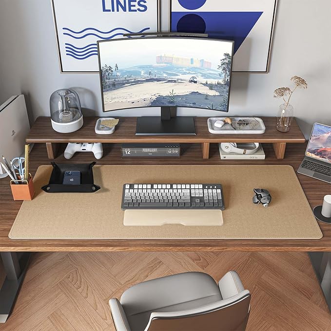 DAWNTREES Dual Sided Desk Mat,Leather Desk Pad,Black 40"x16",Cork Desk Mat Protector,with PU Leather Valet Tray Organizer,Large Mouse Pad,Desk Writing Pad for Office and Home | Desk Pads Blotters - TrueDesk