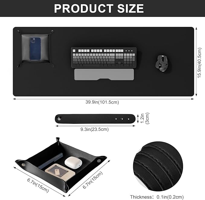 DAWNTREES Dual Sided Desk Mat,Leather Desk Pad,Black 40"x16",Cork Desk Mat Protector,with PU Leather Valet Tray Organizer,Large Mouse Pad,Desk Writing Pad for Office and Home | Desk Pads Blotters - TrueDesk
