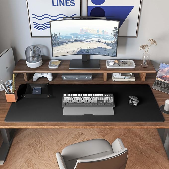 DAWNTREES Dual Sided Desk Mat,Leather Desk Pad,Black 40"x16",Cork Desk Mat Protector,with PU Leather Valet Tray Organizer,Large Mouse Pad,Desk Writing Pad for Office and Home | Desk Pads Blotters - TrueDesk