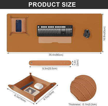 DAWNTREES Dual Sided Desk Mat,Leather Desk Pad,Brown 35.5"x17",Cork Desk Mat Protector,with PU Leather Valet Tray Organizer,Large Mouse Pad,Desk Writing Pad for Office and Home | Desk Pads Blotters - TrueDesk