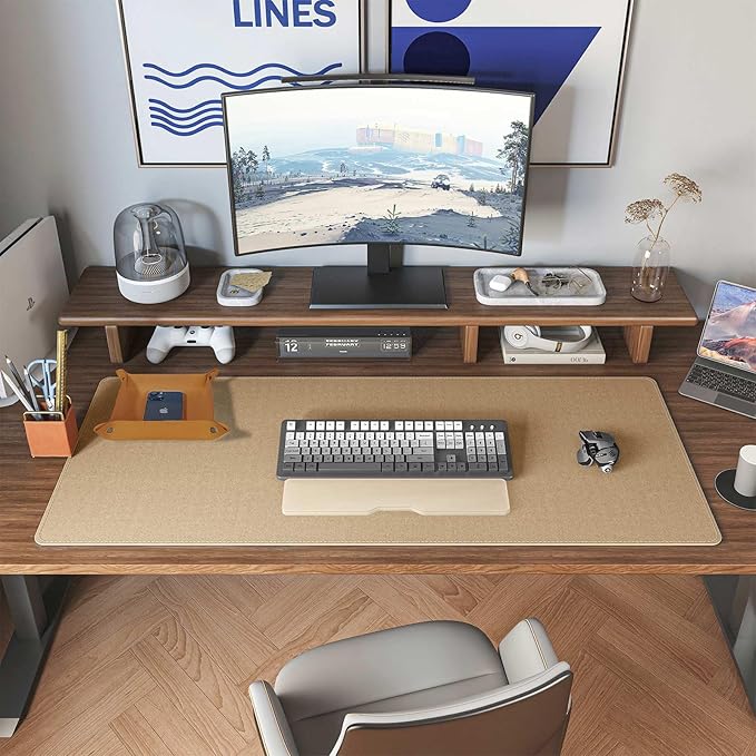 DAWNTREES Dual Sided Desk Mat,Leather Desk Pad,Brown 35.5"x17",Cork Desk Mat Protector,with PU Leather Valet Tray Organizer,Large Mouse Pad,Desk Writing Pad for Office and Home | Desk Pads Blotters - TrueDesk