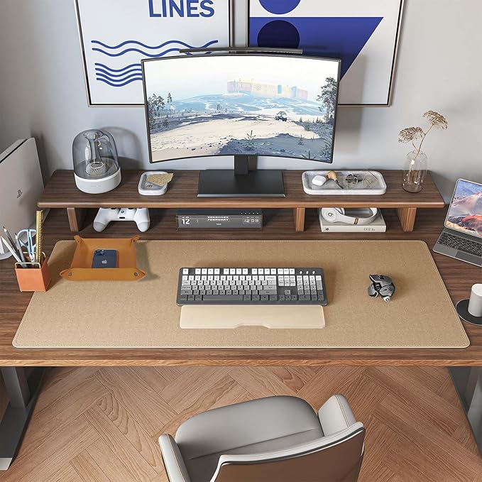 DAWNTREES Dual Sided Desk Mat,Leather Desk Pad,Brown 40"x16",Cork Desk Mat Protector,with PU Leather Valet Tray Organizer,Large Mouse Pad,Desk Writing Pad for Office and Home | Desk Pads Blotters - TrueDesk