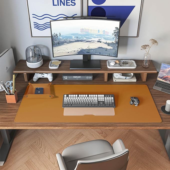 DAWNTREES Dual Sided Desk Mat,Leather Desk Pad,Brown Cork Desk Mat Protector,with PU Leather Valet Tray Organizer,Large Mouse Pad,Desk Writing Pad for Office and Home(31.5"x15.8") | Desk Pads Blotters - TrueDesk