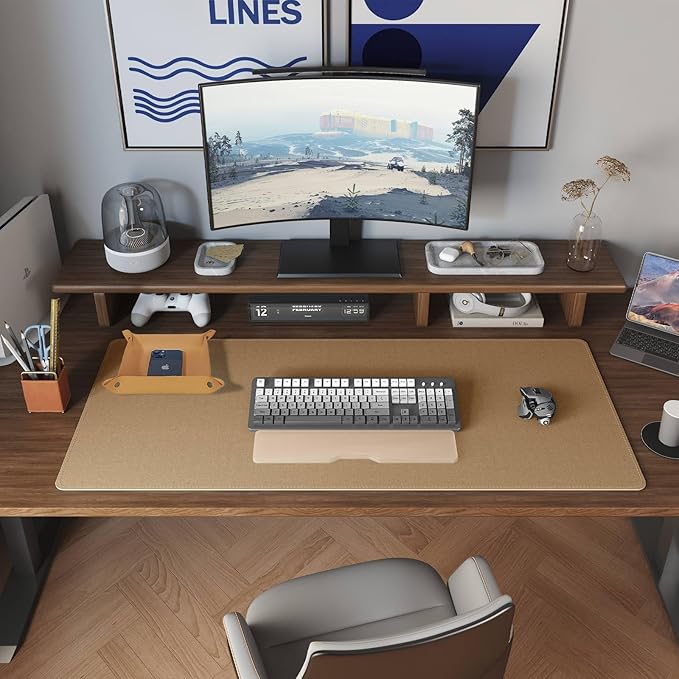 DAWNTREES Dual Sided Desk Mat,Leather Desk Pad,Brown Cork Desk Mat Protector,with PU Leather Valet Tray Organizer,Large Mouse Pad,Desk Writing Pad for Office and Home(31.5"x15.8") | Desk Pads Blotters - TrueDesk