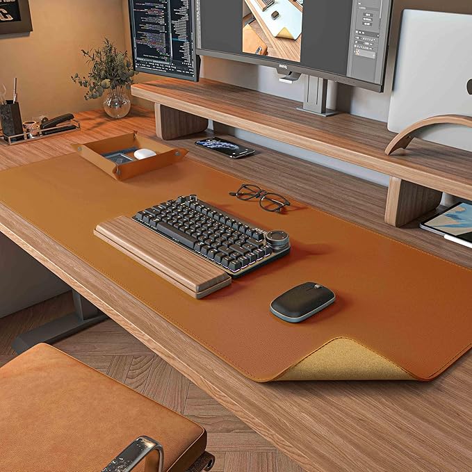 DAWNTREES Dual Sided Desk Mat,Leather Desk Pad,Brown Cork Desk Mat Protector,with PU Leather Valet Tray Organizer,Large Mouse Pad,Desk Writing Pad for Office and Home(31.5"x15.8") | Desk Pads Blotters - TrueDesk