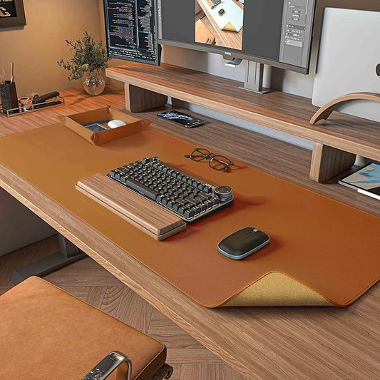 DAWNTREES Dual Sided Desk Mat,Leather Desk Pad,Brown Cork Desk Mat Protector,with PU Leather Valet Tray Organizer,Large Mouse Pad,Desk Writing Pad for Office and Home(31.5"x15.8") | Desk Pads Blotters - TrueDesk