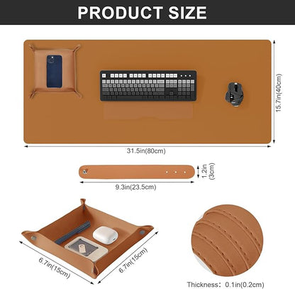 DAWNTREES Dual Sided Desk Mat,Leather Desk Pad,Brown Cork Desk Mat Protector,with PU Leather Valet Tray Organizer,Large Mouse Pad,Desk Writing Pad for Office and Home(31.5"x15.8") | Desk Pads Blotters - TrueDesk