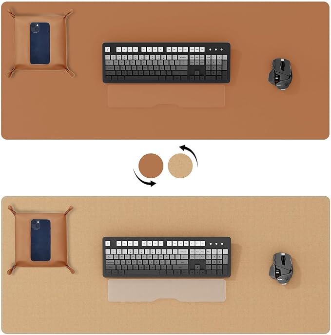 DAWNTREES Dual Sided Desk Mat,Leather Desk Pad,Brown Cork Desk Mat Protector,with PU Leather Valet Tray Organizer,Large Mouse Pad,Desk Writing Pad for Office and Home(31.5"x15.8") | Desk Pads Blotters - TrueDesk