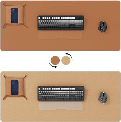 DAWNTREES Dual Sided Desk Mat,Leather Desk Pad,Brown Cork Desk Mat Protector,with PU Leather Valet Tray Organizer,Large Mouse Pad,Desk Writing Pad for Office and Home(31.5"x15.8") | Desk Pads Blotters - TrueDesk