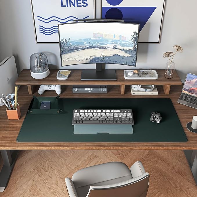 DAWNTREES Dual Sided Desk Mat,Leather Desk Pad,Cork Desk Mat Protector,with PU Leather Valet Tray Organizer,Large Mouse Pad,Desk Writing Pad for Office and Home(Dark Green 31.5"x15.8") | Desk Pads Blotters - TrueDesk