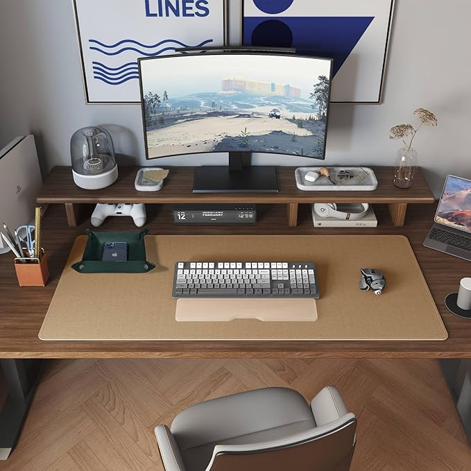 DAWNTREES Dual Sided Desk Mat,Leather Desk Pad,Cork Desk Mat Protector,with PU Leather Valet Tray Organizer,Large Mouse Pad,Desk Writing Pad for Office and Home(Dark Green 31.5"x15.8") | Desk Pads Blotters - TrueDesk
