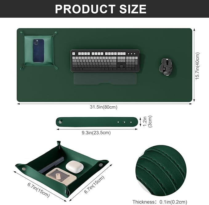 DAWNTREES Dual Sided Desk Mat,Leather Desk Pad,Cork Desk Mat Protector,with PU Leather Valet Tray Organizer,Large Mouse Pad,Desk Writing Pad for Office and Home(Dark Green 31.5"x15.8") | Desk Pads Blotters - TrueDesk