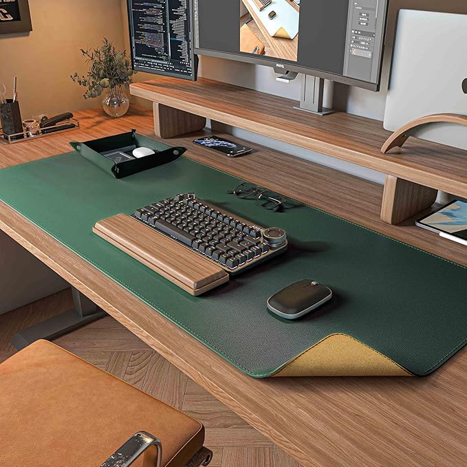 DAWNTREES Dual Sided Desk Mat,Leather Desk Pad,Cork Desk Mat Protector,with PU Leather Valet Tray Organizer,Large Mouse Pad,Desk Writing Pad for Office and Home(Dark Green 31.5"x15.8") | Desk Pads Blotters - TrueDesk
