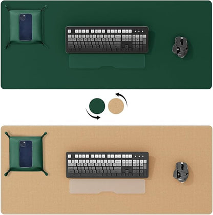 DAWNTREES Dual Sided Desk Mat,Leather Desk Pad,Cork Desk Mat Protector,with PU Leather Valet Tray Organizer,Large Mouse Pad,Desk Writing Pad for Office and Home(Dark Green 31.5"x15.8") | Desk Pads Blotters - TrueDesk