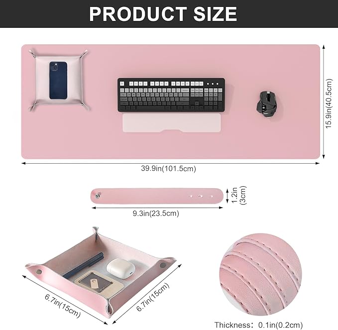 DAWNTREES Pink Desk Mat,Leather Desk Pad,40"x16",Cork Desk Mat Protector,with PU Leather Valet Tray Organizer,Large Mouse Pad,Desk Writing Pad for Office and Home | Desk Pads Blotters - TrueDesk