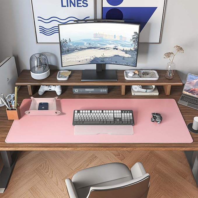 DAWNTREES Pink Desk Mat,Leather Desk Pad,40"x16",Cork Desk Mat Protector,with PU Leather Valet Tray Organizer,Large Mouse Pad,Desk Writing Pad for Office and Home | Desk Pads Blotters - TrueDesk