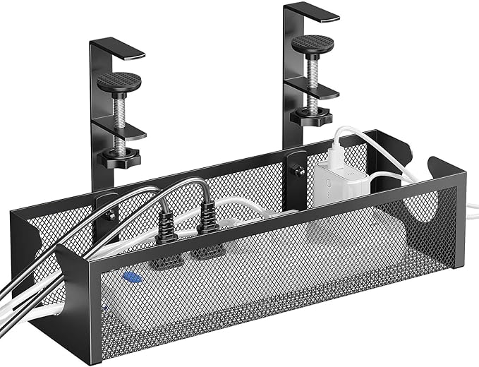 DELAMU Under Desk Cable Management Tray, No Drill Metal Mesh Cable Management Under Desk with F - Clamp Mount & 2 Open Holes, Cord Organizer for Home Office, 1 Pack, Black | Cable Raceways - TrueDesk