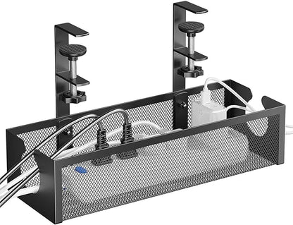 DELAMU Under Desk Cable Management Tray, No Drill Metal Mesh Cable Management Under Desk with F - Clamp Mount & 2 Open Holes, Cord Organizer for Home Office, 1 Pack, Black | Cable Raceways - TrueDesk