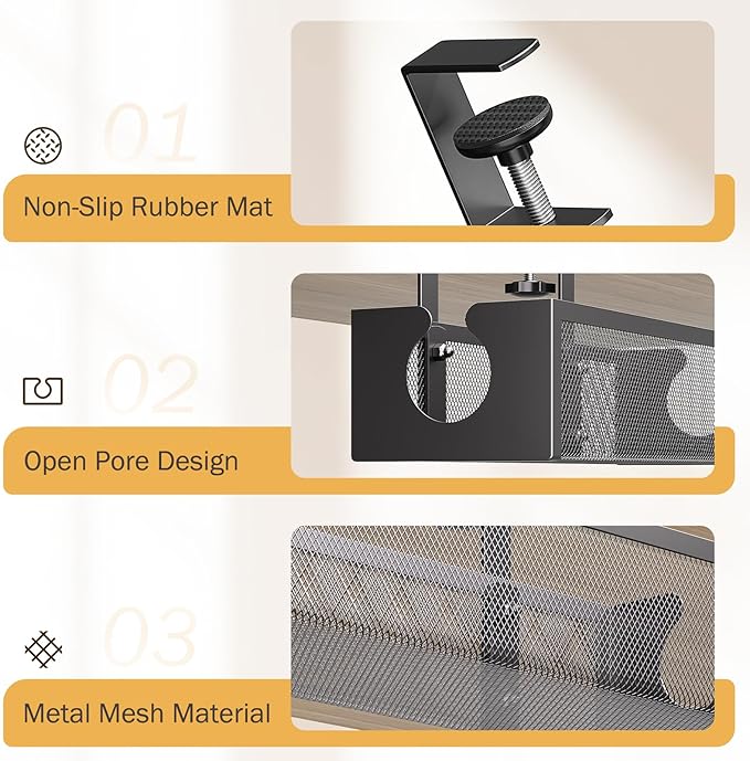DELAMU Under Desk Cable Management Tray, No Drill Metal Mesh Cable Management Under Desk with F - Clamp Mount & 2 Open Holes, Cord Organizer for Home Office, 1 Pack, Black | Cable Raceways - TrueDesk