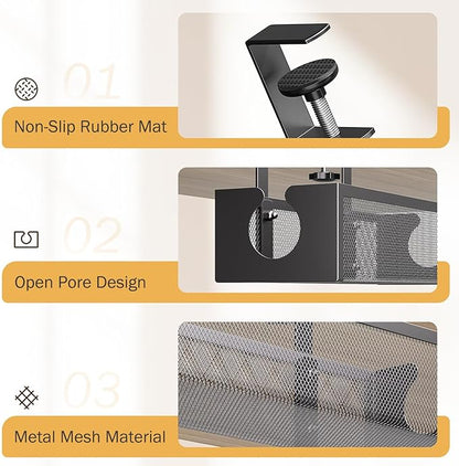 DELAMU Under Desk Cable Management Tray, No Drill Metal Mesh Cable Management Under Desk with F - Clamp Mount & 2 Open Holes, Cord Organizer for Home Office, 1 Pack, Black | Cable Raceways - TrueDesk