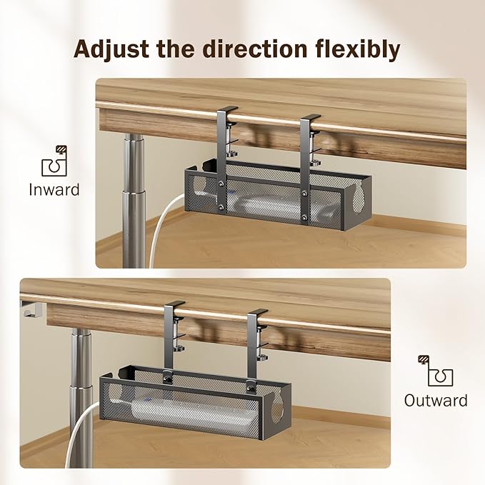 DELAMU Under Desk Cable Management Tray, No Drill Metal Mesh Cable Management Under Desk with F - Clamp Mount & 2 Open Holes, Cord Organizer for Home Office, 1 Pack, Black | Cable Raceways - TrueDesk