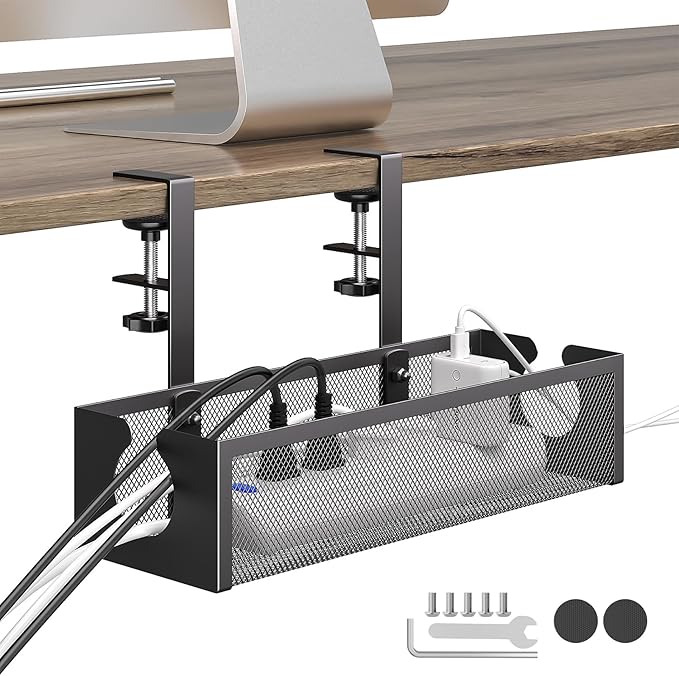 DELAMU Under Desk Cable Management Tray, No Drill Metal Mesh Cable Management Under Desk with F - Clamp Mount & 2 Open Holes, Cord Organizer for Home Office, 1 Pack, Black | Cable Raceways - TrueDesk