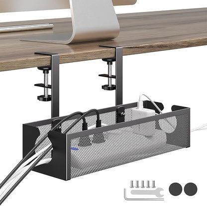 DELAMU Under Desk Cable Management Tray, No Drill Metal Mesh Cable Management Under Desk with F - Clamp Mount & 2 Open Holes, Cord Organizer for Home Office, 1 Pack, Black | Cable Raceways - TrueDesk