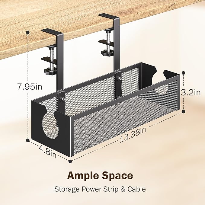 DELAMU Under Desk Cable Management Tray, No Drill Metal Mesh Cable Management Under Desk with F - Clamp Mount & 2 Open Holes, Cord Organizer for Home Office, 1 Pack, Black | Cable Raceways - TrueDesk