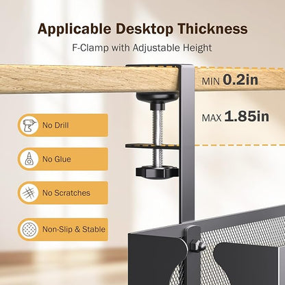 DELAMU Under Desk Cable Management Tray, No Drill Metal Mesh Cable Management Under Desk with F - Clamp Mount & 2 Open Holes, Cord Organizer for Home Office, 1 Pack, Black | Cable Raceways - TrueDesk