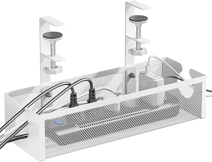 DELAMU Under Desk Cable Management Tray, No Drill Metal Mesh Cable Management Under Desk with F - Clamp Mount & 2 Open Holes, Cord Organizer for Home Office, 1 Pack, White | Cable Raceways - TrueDesk