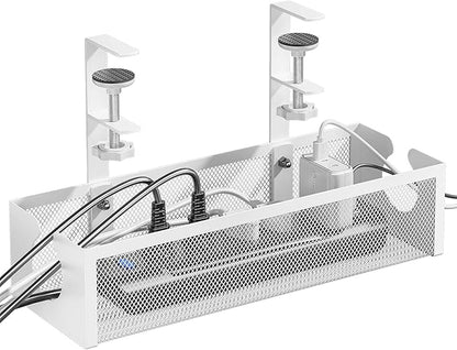 DELAMU Under Desk Cable Management Tray, No Drill Metal Mesh Cable Management Under Desk with F - Clamp Mount & 2 Open Holes, Cord Organizer for Home Office, 1 Pack, White | Cable Raceways - TrueDesk