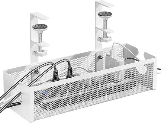 DELAMU Under Desk Cable Management Tray, No Drill Metal Mesh Cable Management Under Desk with F - Clamp Mount & 2 Open Holes, Cord Organizer for Home Office, 1 Pack, White | Cable Raceways - TrueDesk