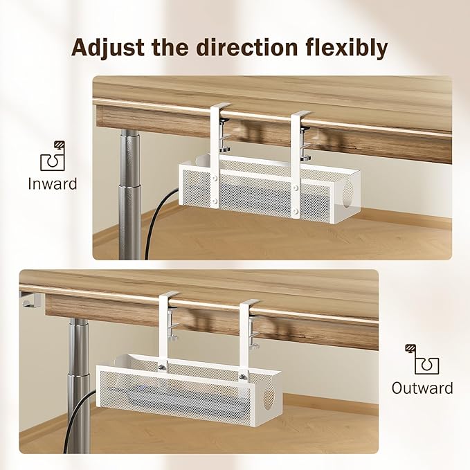 DELAMU Under Desk Cable Management Tray, No Drill Metal Mesh Cable Management Under Desk with F - Clamp Mount & 2 Open Holes, Cord Organizer for Home Office, 1 Pack, White | Cable Raceways - TrueDesk