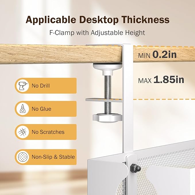 DELAMU Under Desk Cable Management Tray, No Drill Metal Mesh Cable Management Under Desk with F - Clamp Mount & 2 Open Holes, Cord Organizer for Home Office, 1 Pack, White | Cable Raceways - TrueDesk