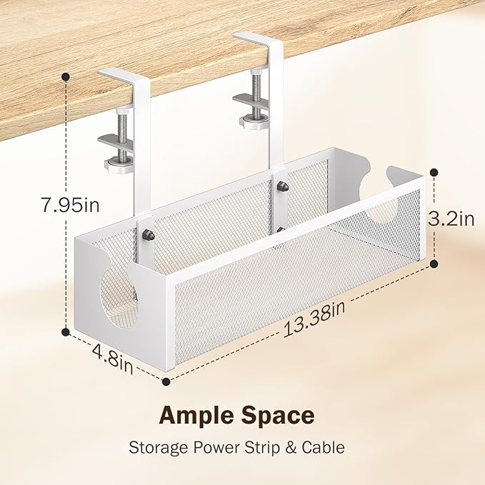 DELAMU Under Desk Cable Management Tray, No Drill Metal Mesh Cable Management Under Desk with F - Clamp Mount & 2 Open Holes, Cord Organizer for Home Office, 1 Pack, White | Cable Raceways - TrueDesk