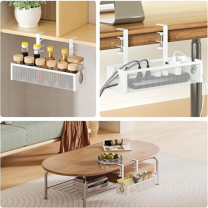 DELAMU Under Desk Cable Management Tray, No Drill Metal Mesh Cable Management Under Desk with F - Clamp Mount & 2 Open Holes, Cord Organizer for Home Office, 1 Pack, White | Cable Raceways - TrueDesk