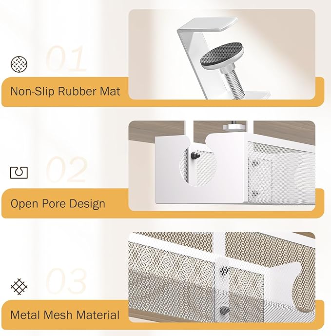 DELAMU Under Desk Cable Management Tray, No Drill Metal Mesh Cable Management Under Desk with F - Clamp Mount & 2 Open Holes, Cord Organizer for Home Office, 1 Pack, White | Cable Raceways - TrueDesk