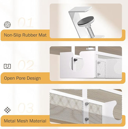 DELAMU Under Desk Cable Management Tray, No Drill Metal Mesh Cable Management Under Desk with F - Clamp Mount & 2 Open Holes, Cord Organizer for Home Office, 1 Pack, White | Cable Raceways - TrueDesk