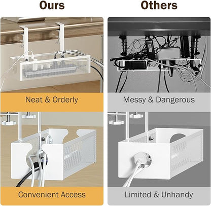 DELAMU Under Desk Cable Management Tray, No Drill Metal Mesh Cable Management Under Desk with F - Clamp Mount & 2 Open Holes, Cord Organizer for Home Office, 1 Pack, White | Cable Raceways - TrueDesk