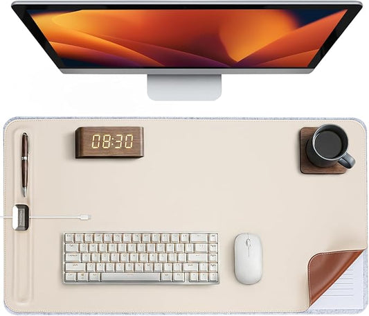 Desk Mat – Double - Sided Vegan Leather & Felt | Built - In Magnetic Cable Organizer & File Storage | Premium Workspace Pad for Office, Gaming & Creative Professionals - （Beige） | Desk Pads Blotters - TrueDesk